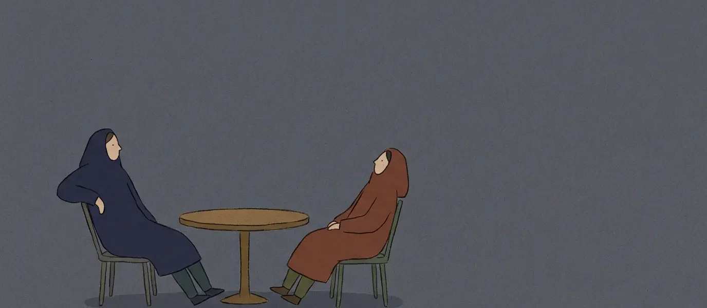 Two people in a cafe pause as they ask your age in Korea to set speech level politely.