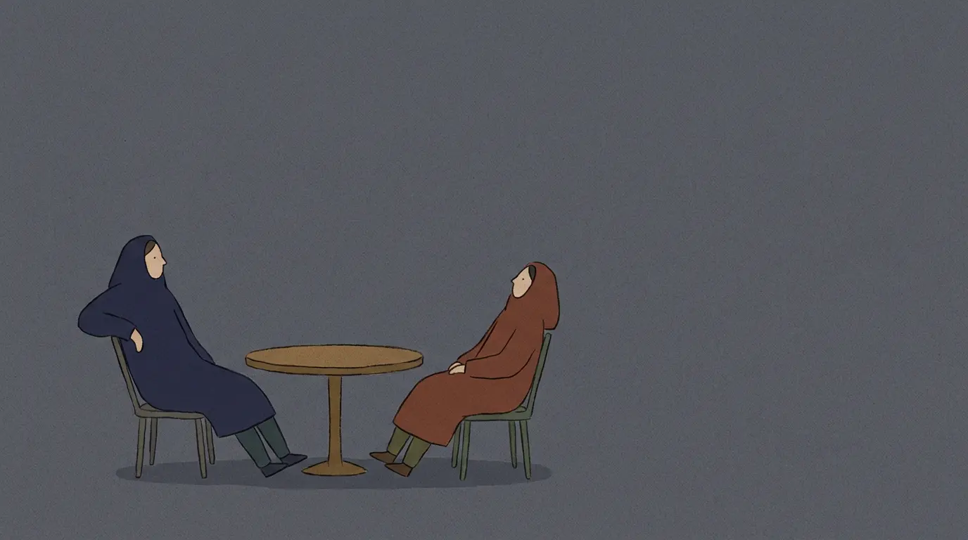 Two people in a cafe pause as they ask your age in Korea to set speech level politely.