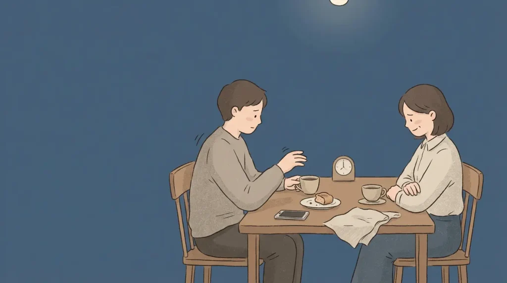 Two friends pause after a late age reveal, showing how ask your age in Korea can reset speech level.