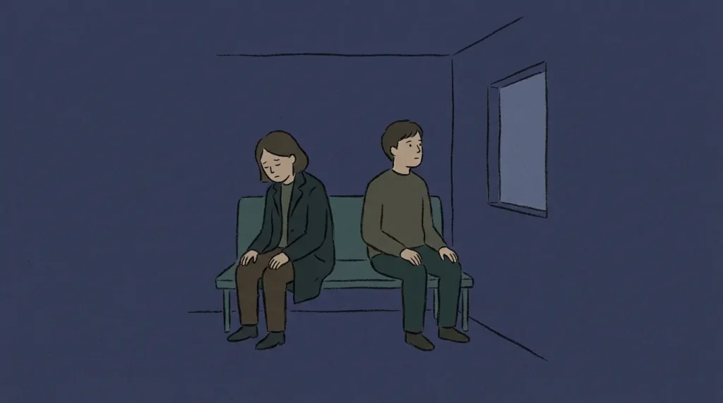 Indirect talk in K-dramas shown through a quiet moment between two people who avoid eye contact