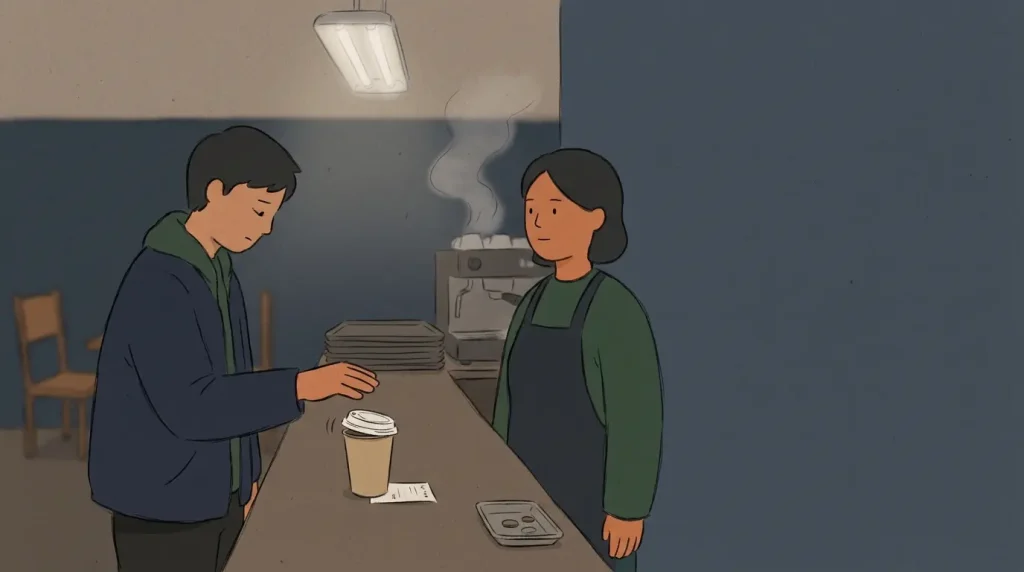 Josonghandeoyo Meaning shown in a quiet café counter moment where a polite opener hangs in the air before the next sentence