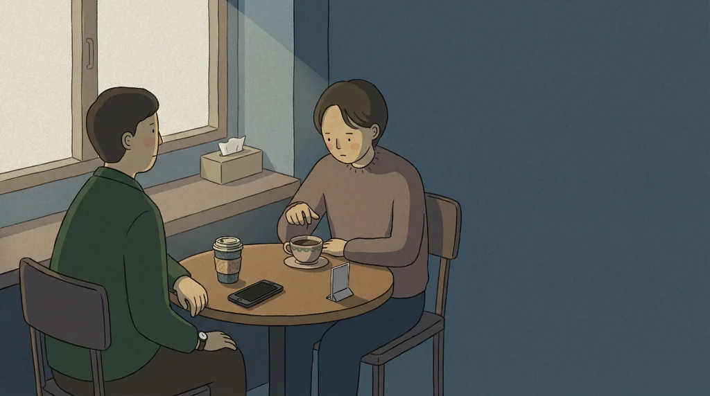 Korean honorifics feel delayed as two adults keep polite distance in a quiet cafe.