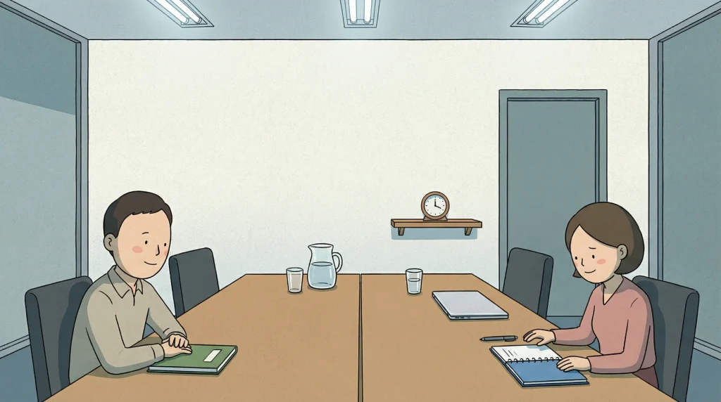 Korean honorifics stay neutral in a workplace meeting where formality keeps distance.