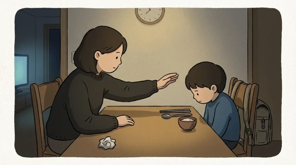 Korean moms hit kids on the back moment framed as a tense dinner-table pause with a hovering hand and held breath