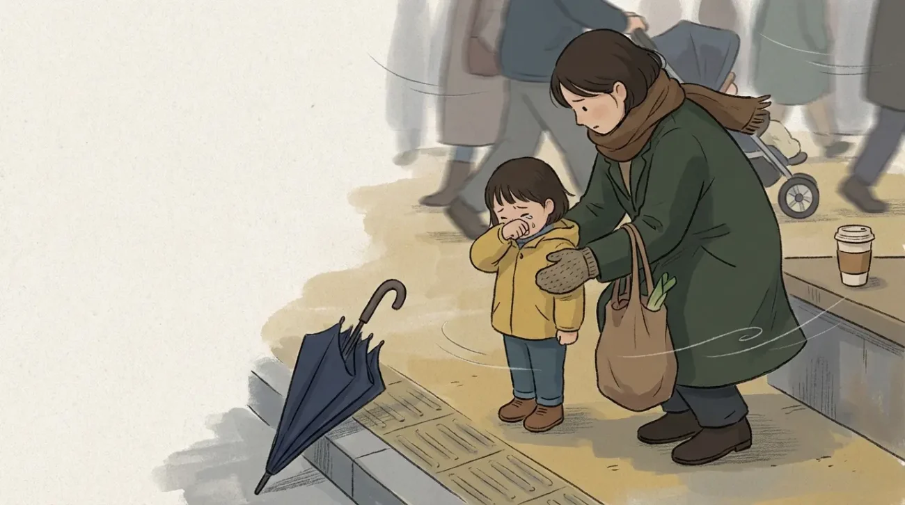 Korean moms hit kids on the back context shown outside where a parent quickly guides a child aside to de-escalate