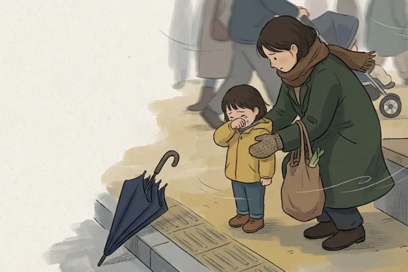 Korean moms hit kids on the back context shown outside where a parent quickly guides a child aside to de-escalate