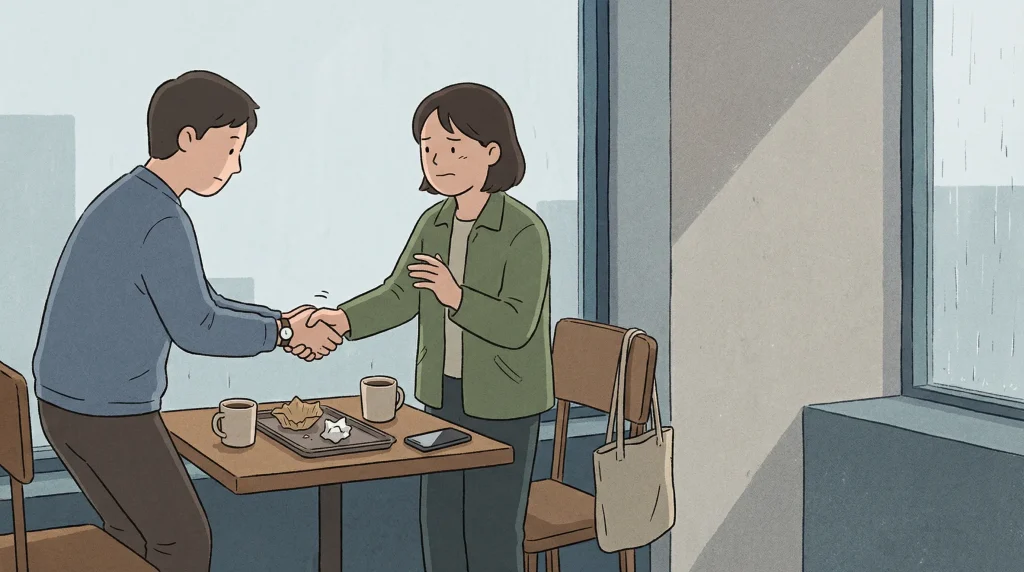 overcorrecting korean two-hand etiquette during a casual handshake between peers in a cafe
