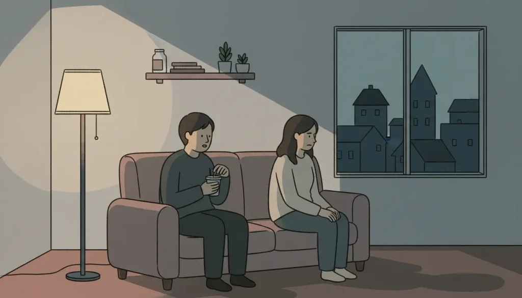 Saying No in Korean Dramas shown in a quiet moment between two people avoiding eye contact