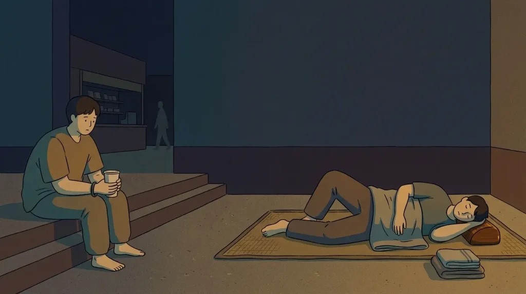 Jjimjilbang guide image showing a quiet dawn resting area with mats, dim light, and a lived-in overnight atmosphere.