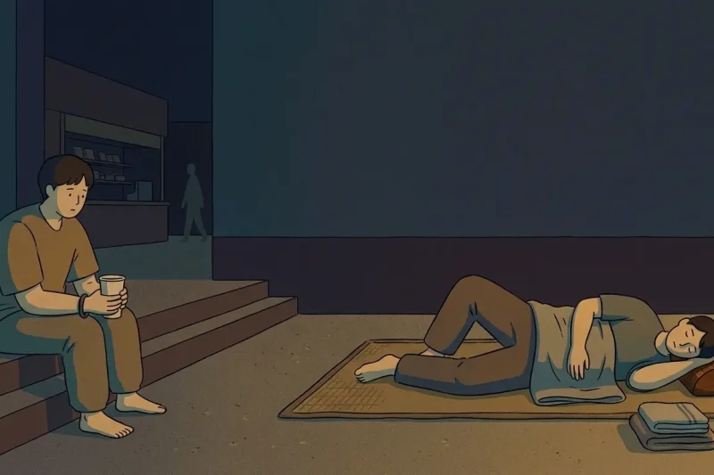 Jjimjilbang guide image showing a quiet dawn resting area with mats, dim light, and a lived-in overnight atmosphere.