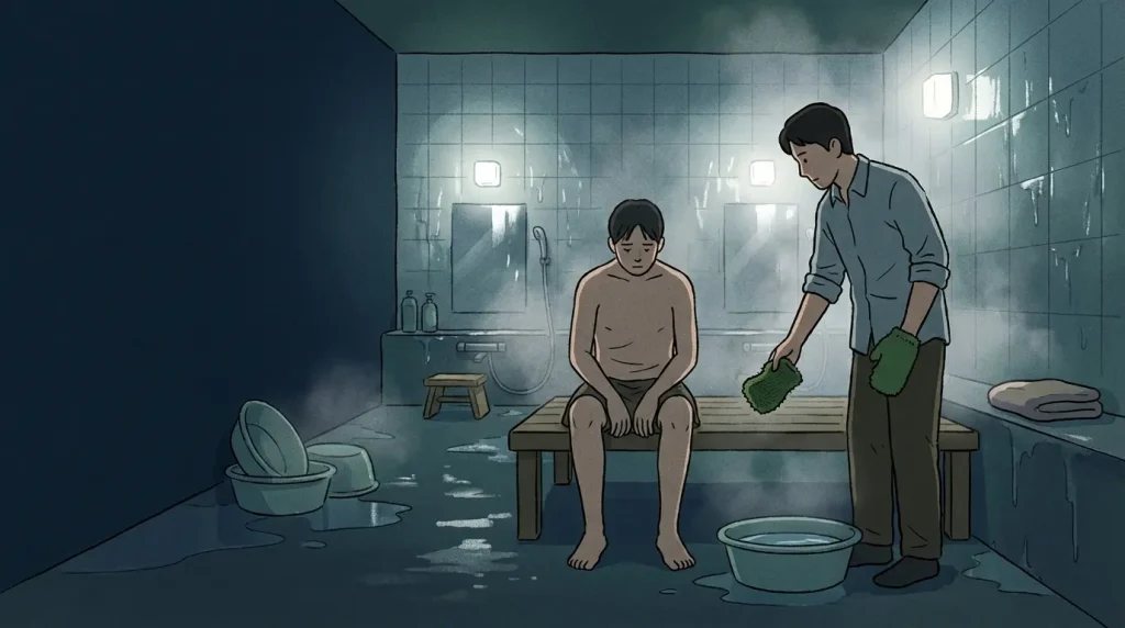 Jjimjilbang guide image of Korean scrub culture with a sesinsa preparing for a body scrub in a tiled bath area.