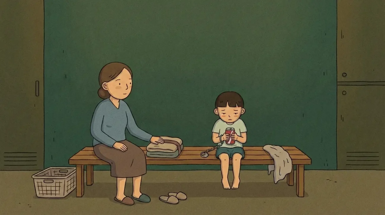 A childhood korean public bathhouse moment with a mother beside a freshly scrubbed child holding a cold soda after bathing.