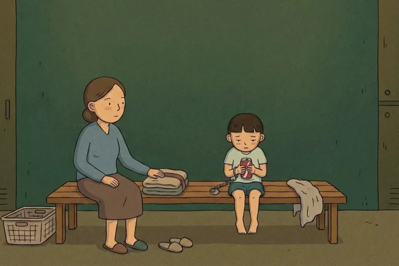 A childhood korean public bathhouse moment with a mother beside a freshly scrubbed child holding a cold soda after bathing.