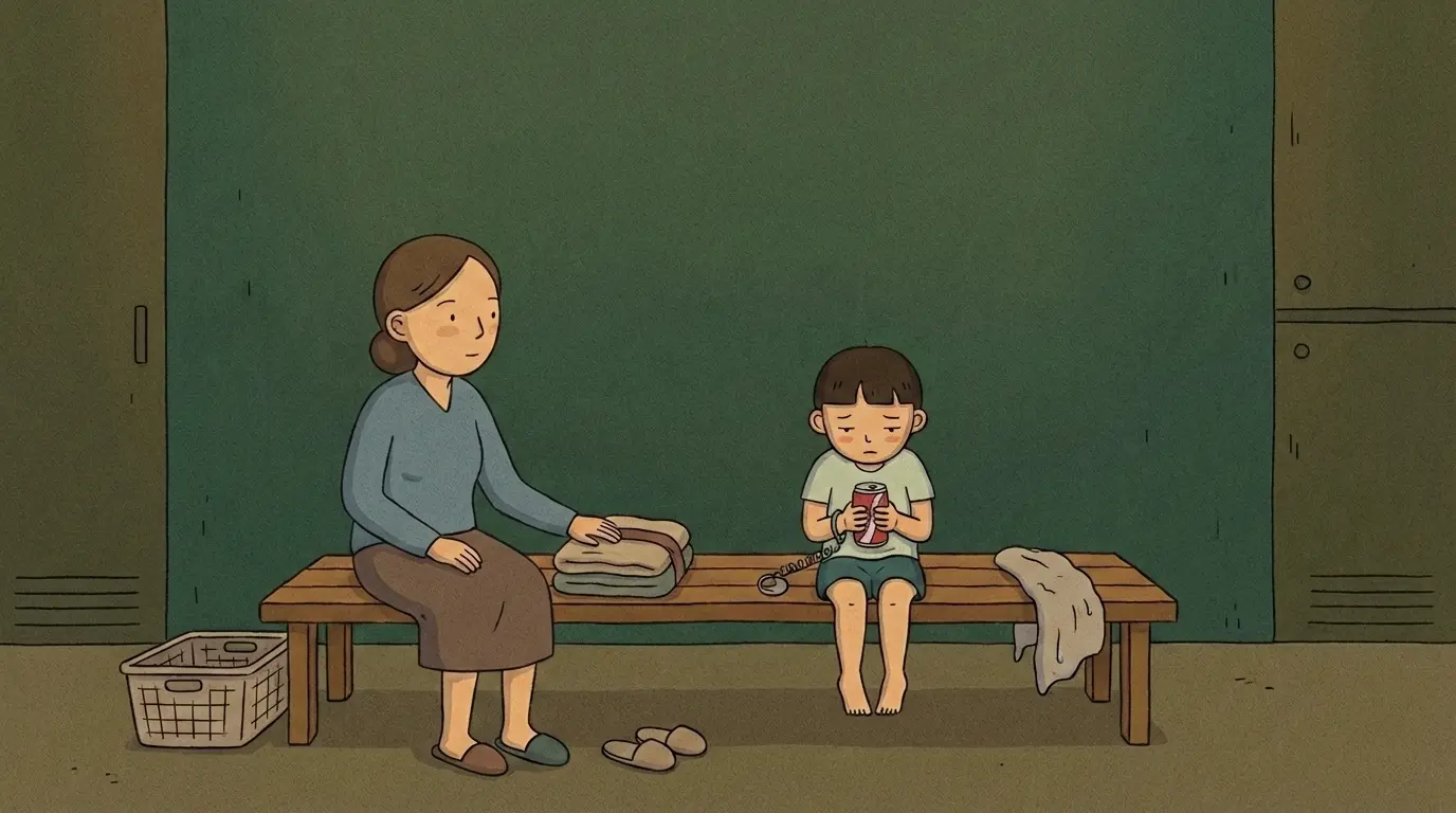 A childhood korean public bathhouse moment with a mother beside a freshly scrubbed child holding a cold soda after bathing.