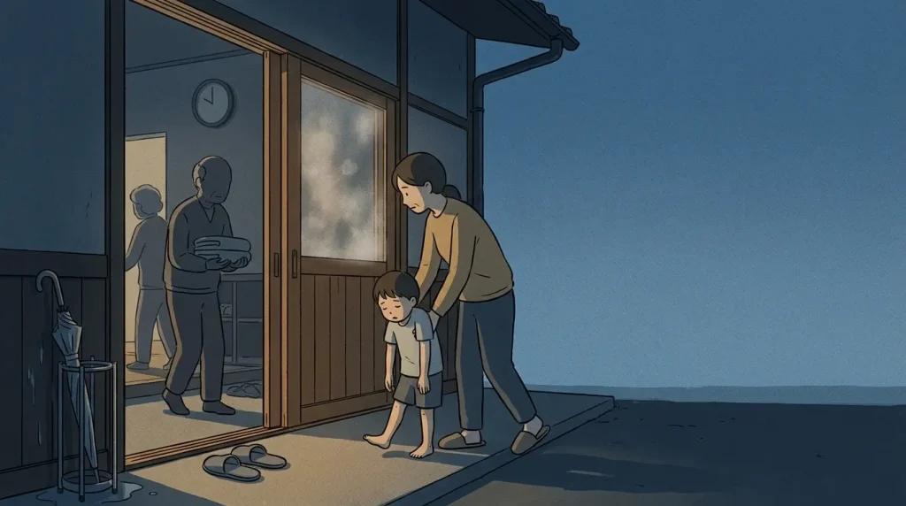 A dawn korean public bathhouse entrance scene with an adult and child arriving through cold air before the holiday crowds.