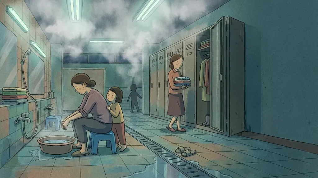 A korean public bathhouse interior with women and children moving through a humid tiled washing space before the era of modern jjimjilbangs.