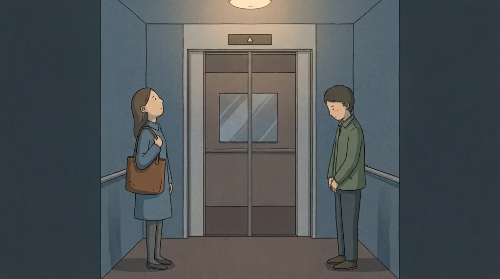Korean silence culture in an elevator where two strangers avoid eye contact and share the small space quietly