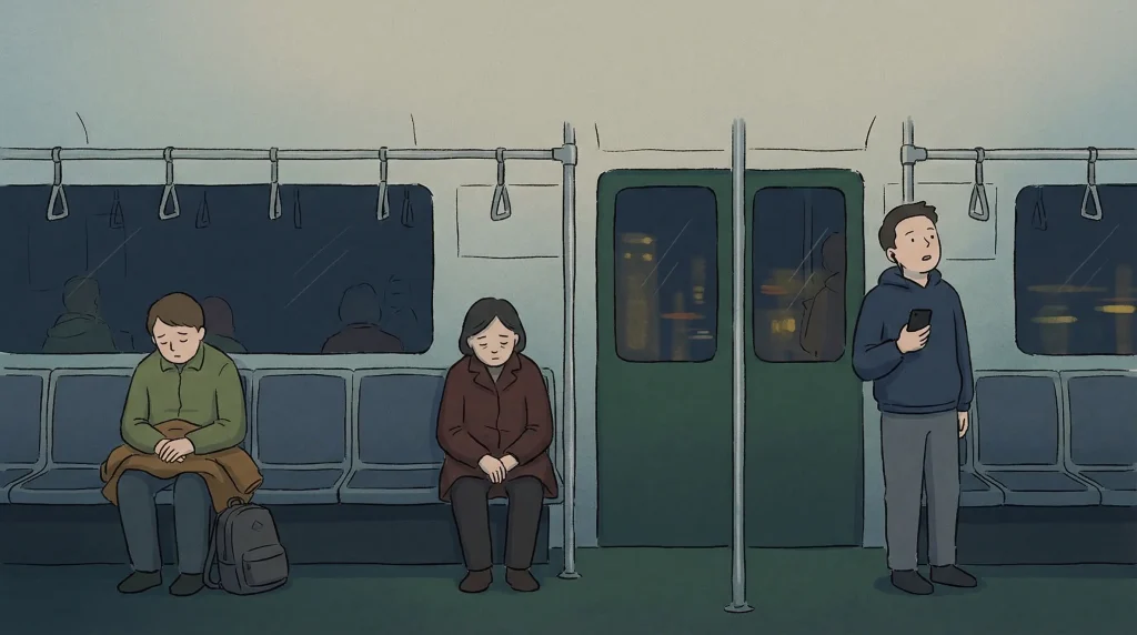 Korean silence culture on a quiet subway where one loud phone user stands out against tired commuters