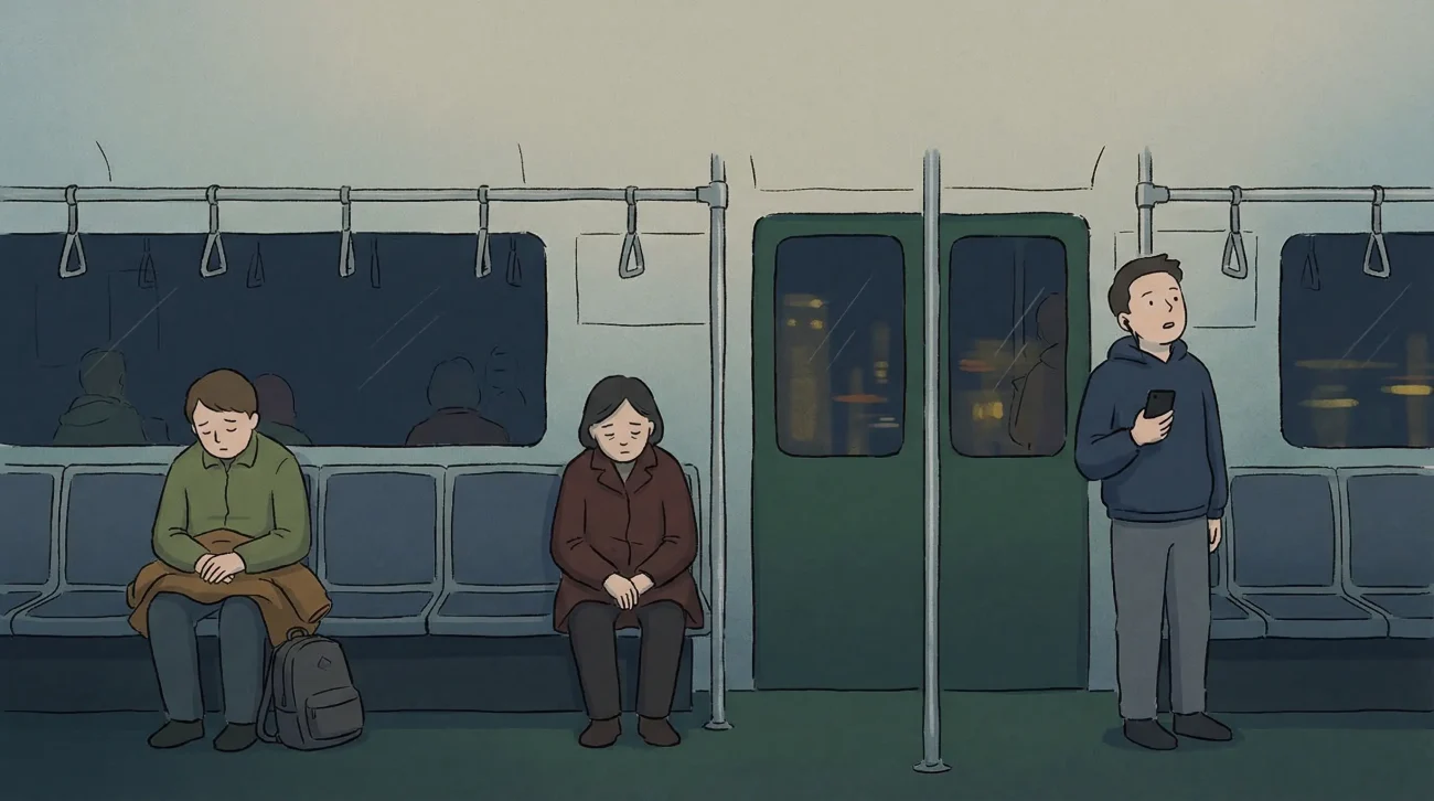 Korean silence culture on a quiet subway where one loud phone user stands out against tired commuters