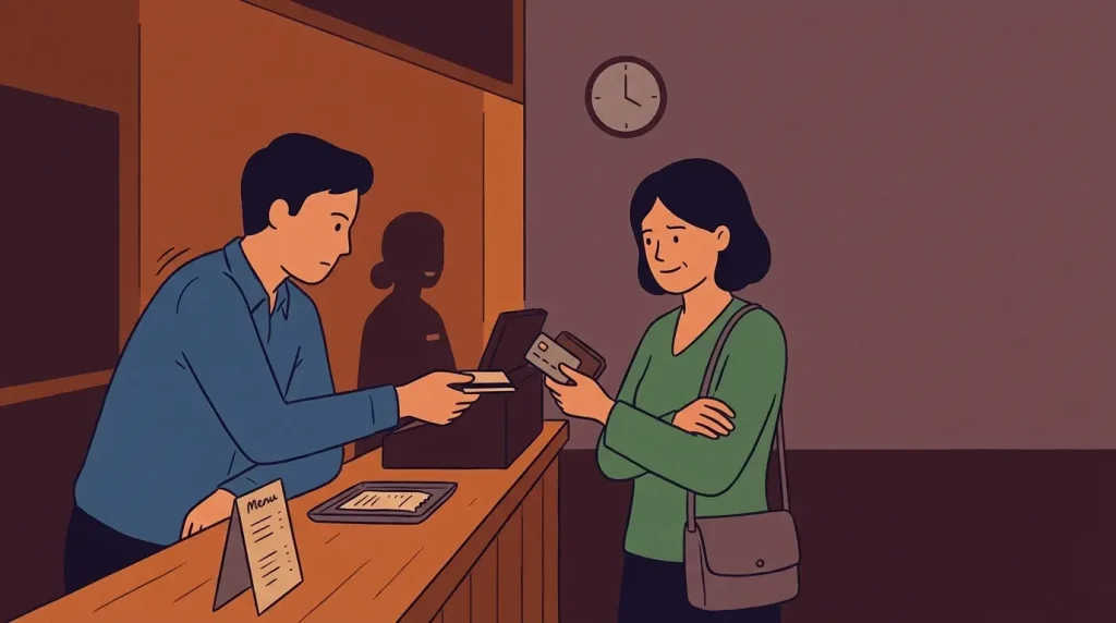 koreans fight over bill moment at a restaurant cashier where two diners both try to pay at the same time