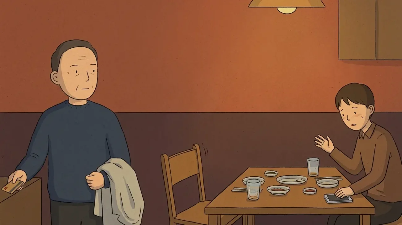 koreans fight over bill scene where an older coworker quietly insists on paying for a younger colleague after a pleasant meal