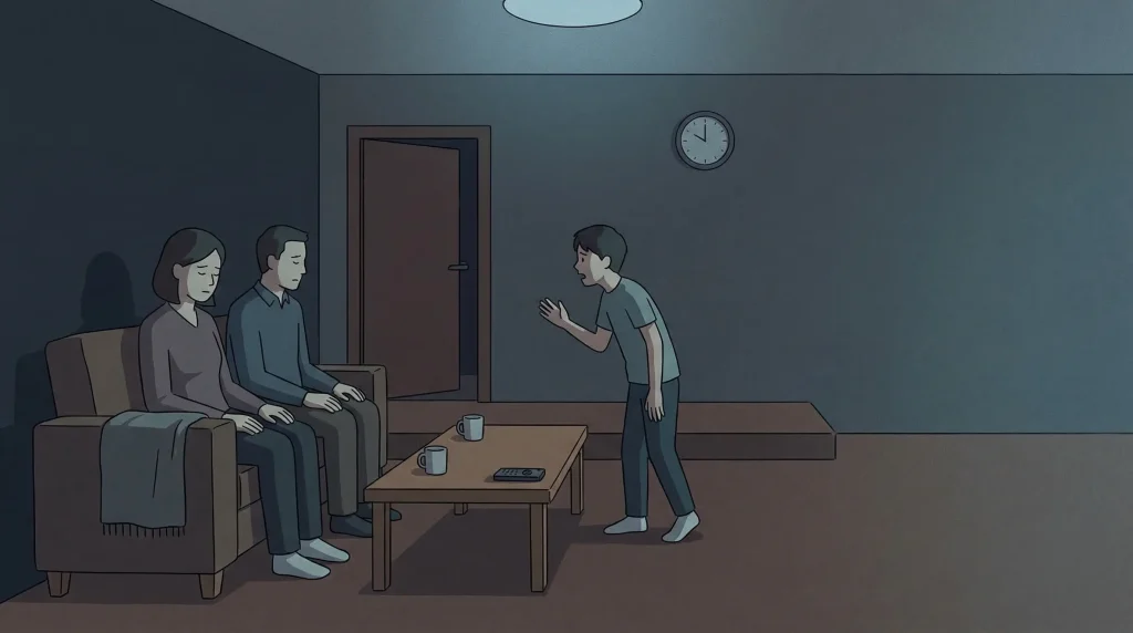 What Is Nunchi scene showing a tense family room where one person keeps talking while others turn quiet