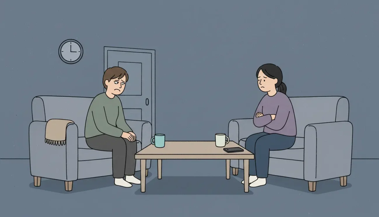 When Do Koreans Stay Silent Instead of Speaking scene with one person stopping mid-sentence in a tense living room