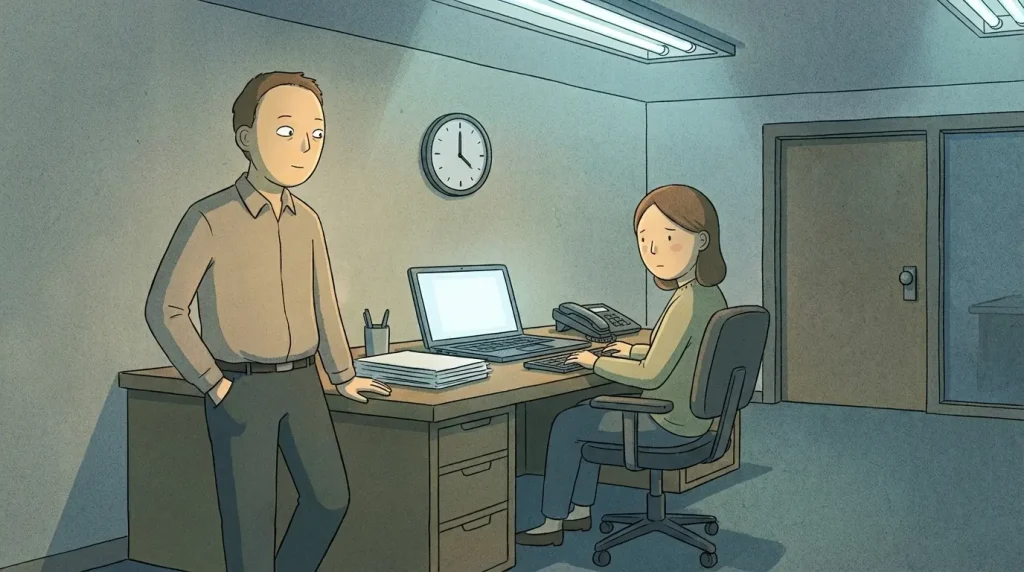 A workplace banmal scene showing subtle hierarchy and distance between a senior and a younger colleague.