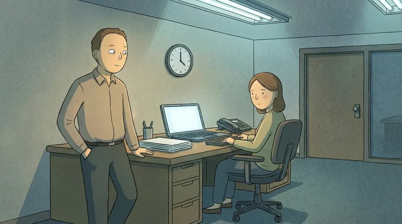 A workplace banmal scene showing subtle hierarchy and distance between a senior and a younger colleague.