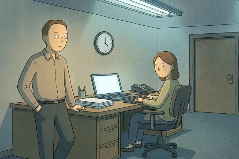 A workplace banmal scene showing subtle hierarchy and distance between a senior and a younger colleague.