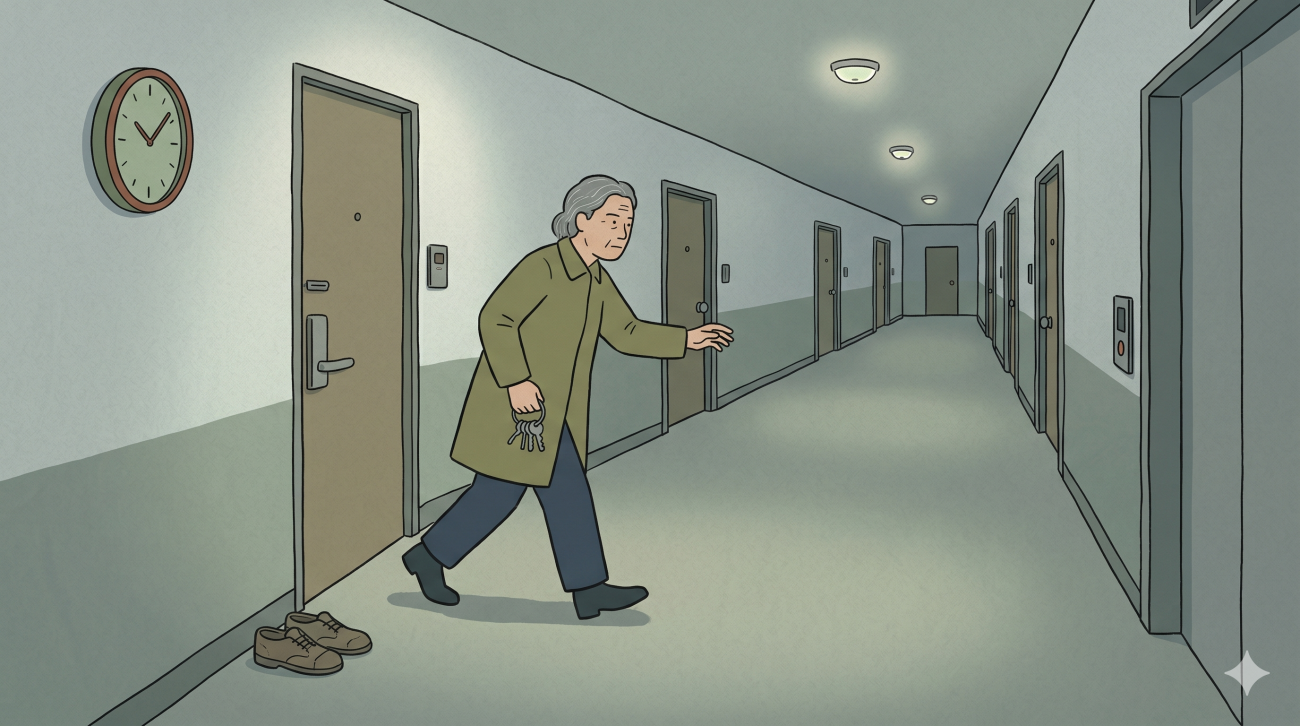 Bbali bbali Korean culture memory shown through an older person moving quickly in a modest apartment hallway.