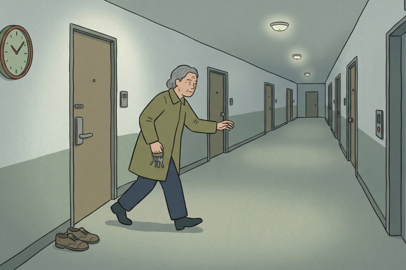 Bbali bbali Korean culture memory shown through an older person moving quickly in a modest apartment hallway.