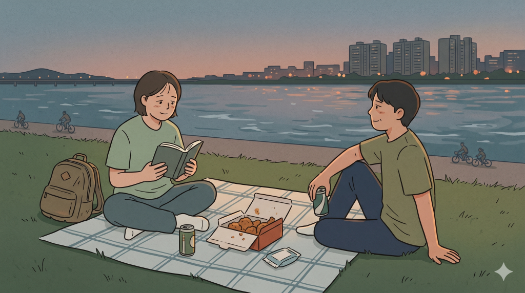 Han River Seoul chimaek picnic with fried chicken and drinks on the grass.
