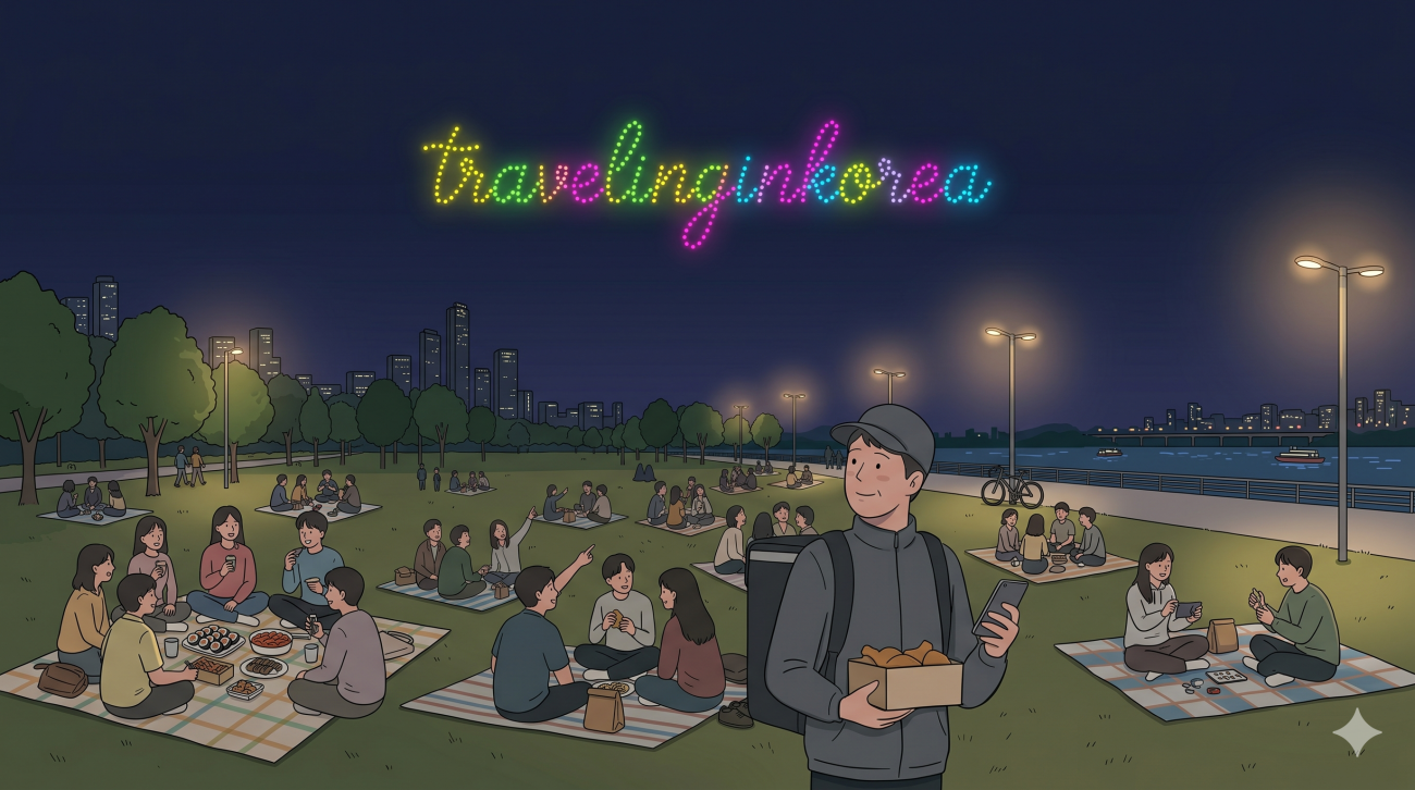 Han River Seoul delivery food confusion with a rider holding an order in a crowded park.