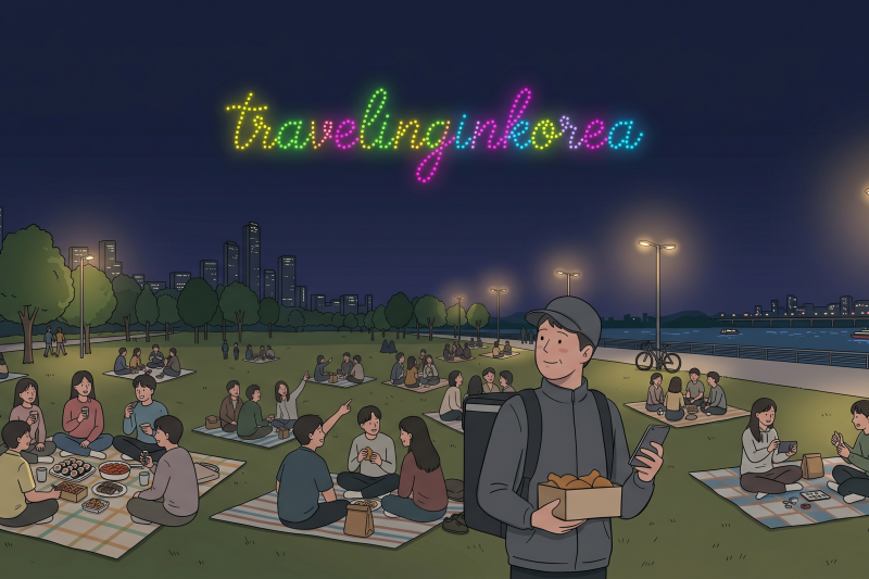 Han River Seoul delivery food confusion with a rider holding an order in a crowded park.