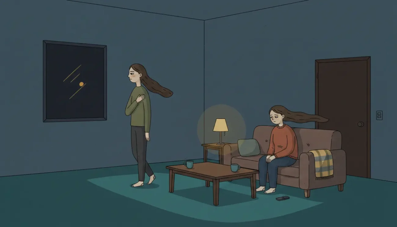 Jeong Korean appears in a tense shared space where two people keep their distance yet remain quietly aware of each other.