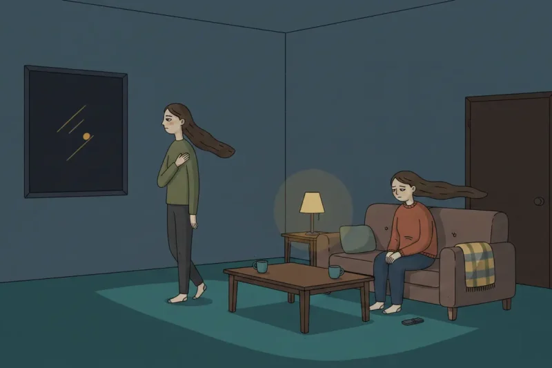 Jeong Korean appears in a tense shared space where two people keep their distance yet remain quietly aware of each other.