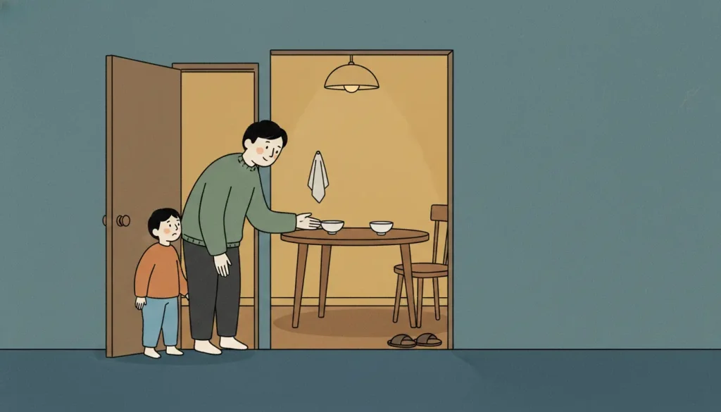 Jeong Korean is reflected in a neighbor quietly bringing a child into a warm dinner space during a difficult evening.