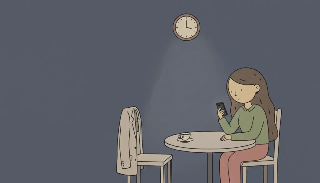 Jeong Korean is shown through a former coworker quietly holding a phone after leaving work, still thinking about someone left behind.