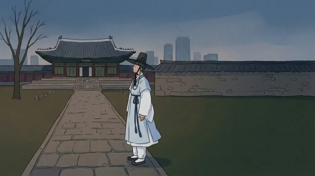 Joseon history framed through a quiet view of a traditional Korean palace courtyard against a distant modern skyline.