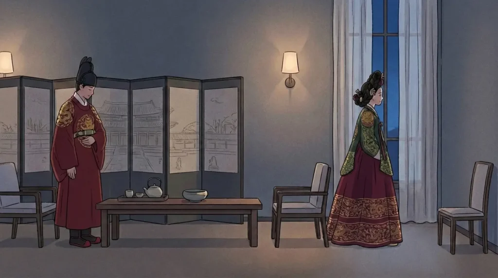 Joseon-inspired royal fantasy shown through a modern Korean palace-like interior with restrained distance between two figures.