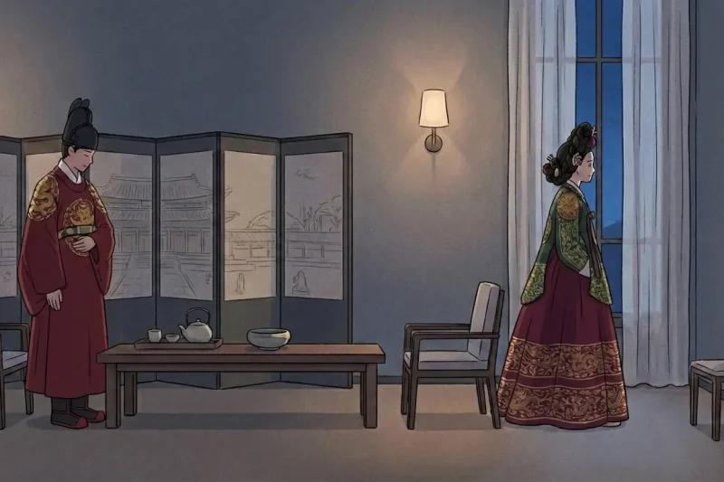 Joseon-inspired royal fantasy shown through a modern Korean palace-like interior with restrained distance between two figures.