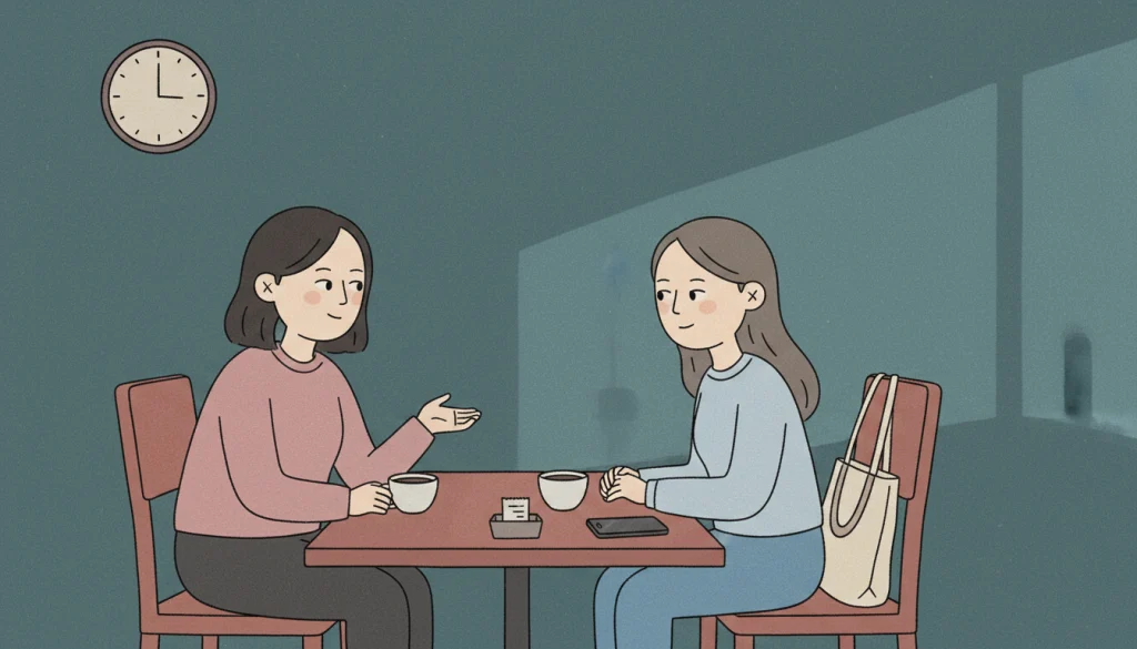 A korean age conversation begins between two people in a quiet cafe as one hesitates before speaking.