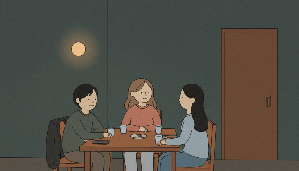 A korean age social moment becomes awkward as three connected relationships quietly clash around one dinner table.