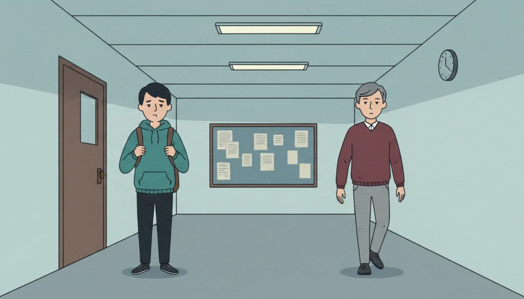 Korean age hierarchy appears in a university hallway where a junior student stiffens as a senior approaches.