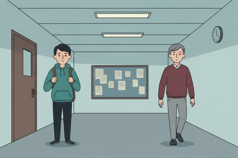 Korean age hierarchy appears in a university hallway where a junior student stiffens as a senior approaches.