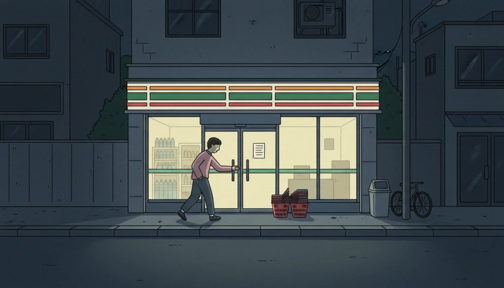 Korean convenience store food and essentials are represented by a person entering a brightly lit store at midnight to buy water.