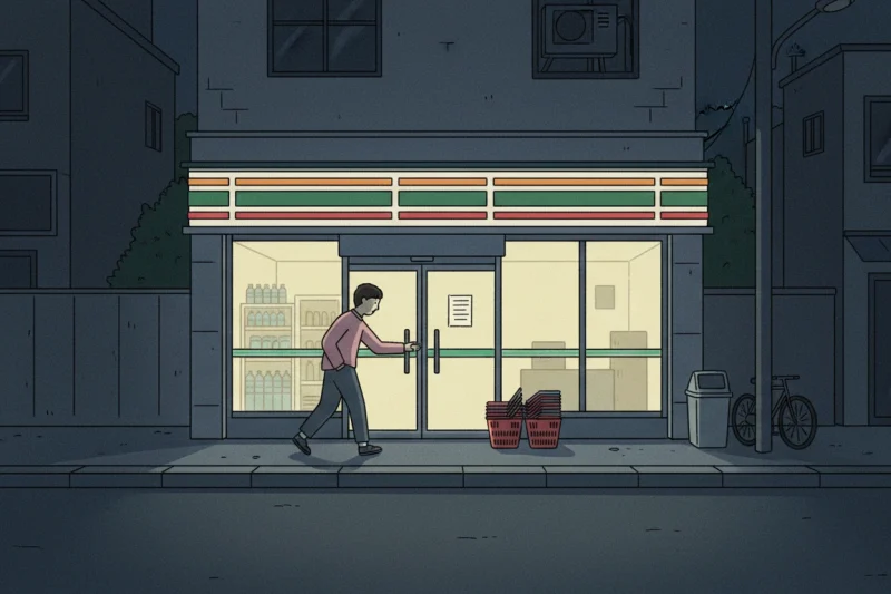 Korean convenience store food and essentials are represented by a person entering a brightly lit store at midnight to buy water.