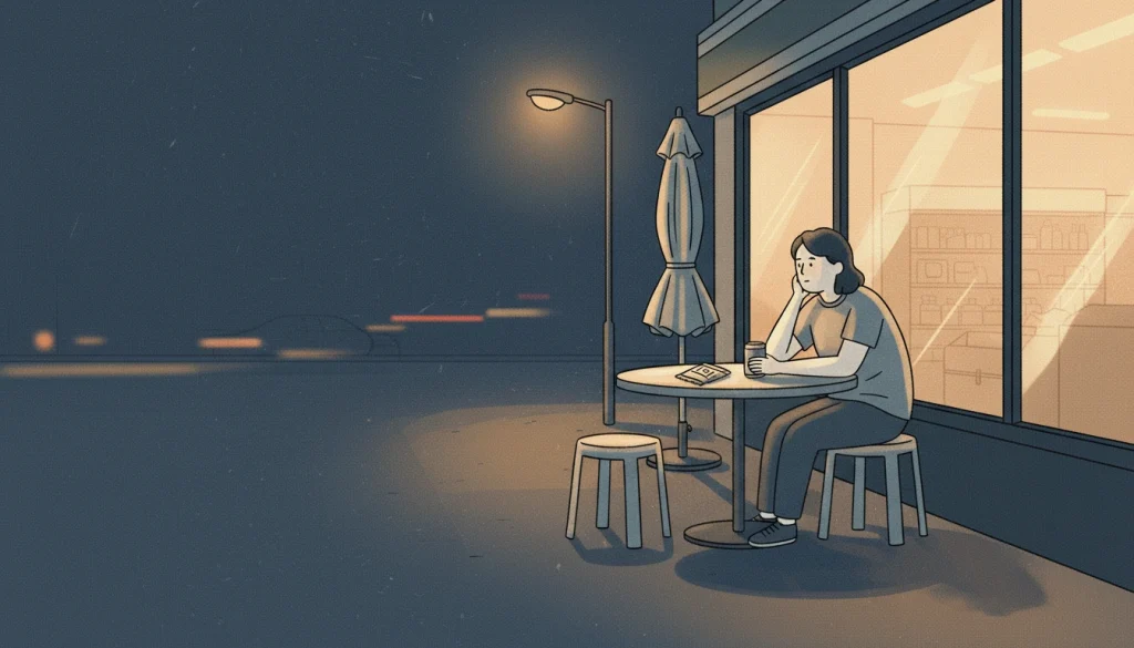 Korean convenience store food appears beside an outdoor table at midnight with snacks and drinks under the streetlights.