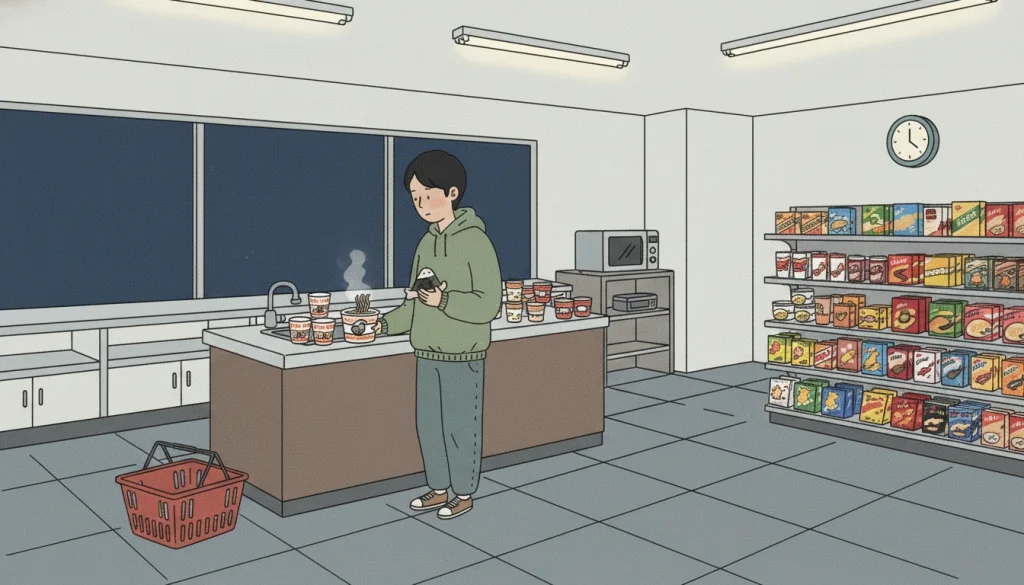 Korean convenience store food is shown as a late-night student meal with cup noodles and triangle gimbap under bright lights.